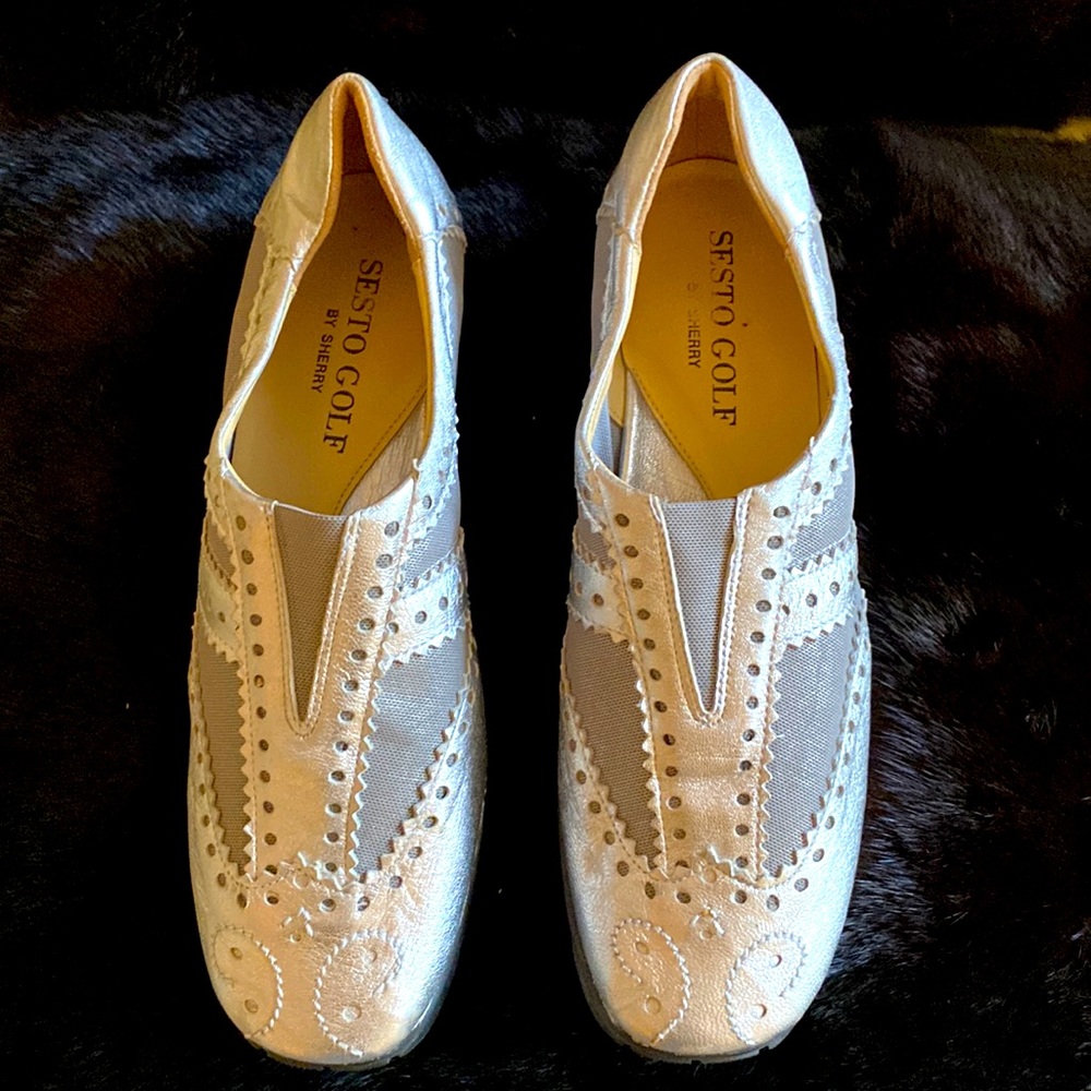 Italian Silver Leather & Grey Mesh golf loafers